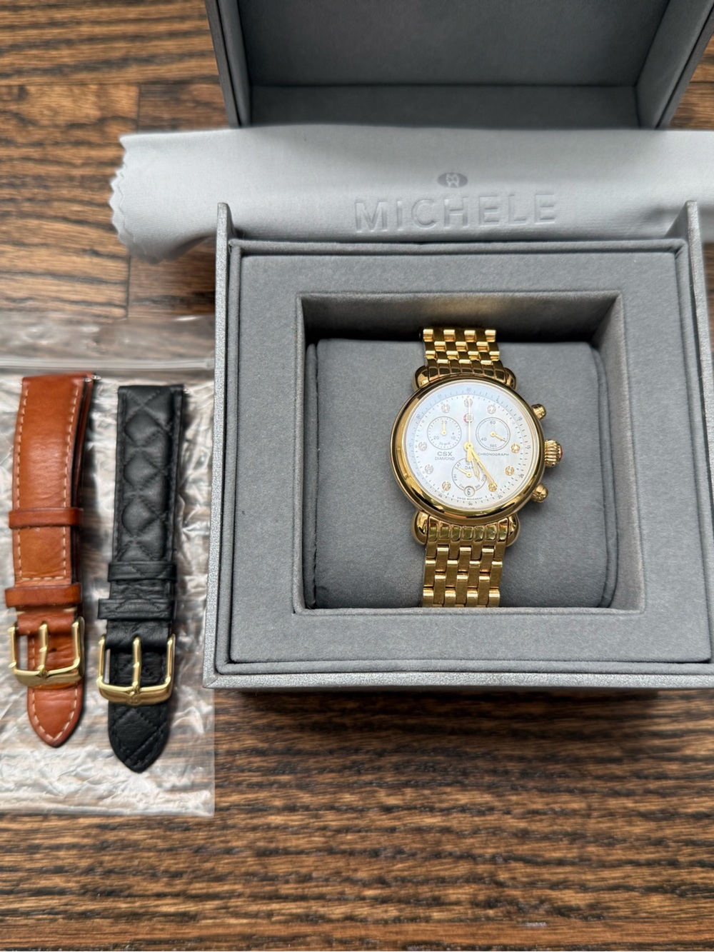 Michele Gold-Tone 36mm CSX Diamond Chronograph Watch w/White MOP Dial
